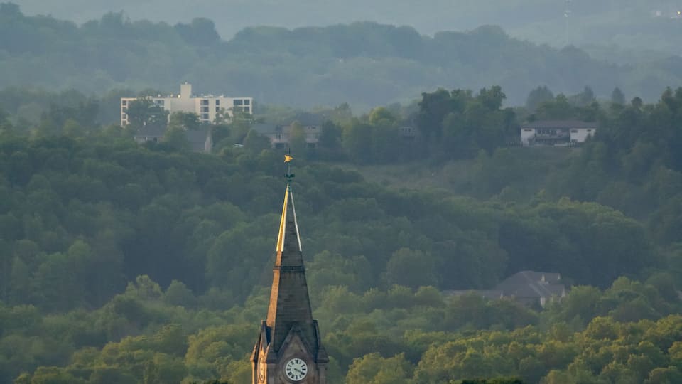 A church with a clock tower, surrounded by buildings and greenery.
