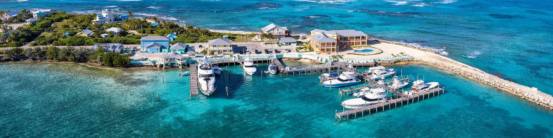 Aerial view of the Flying Fish Marina, next to Clarence Town, Long Island, Bahamas