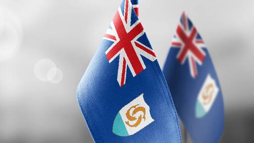 Small national flags of the Anguilla on a light blurry background