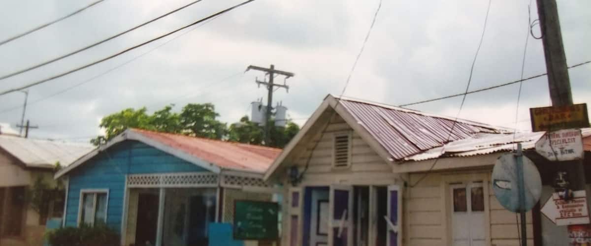 A street with two small houses, one blue and one beige, with a white picket fence in front.