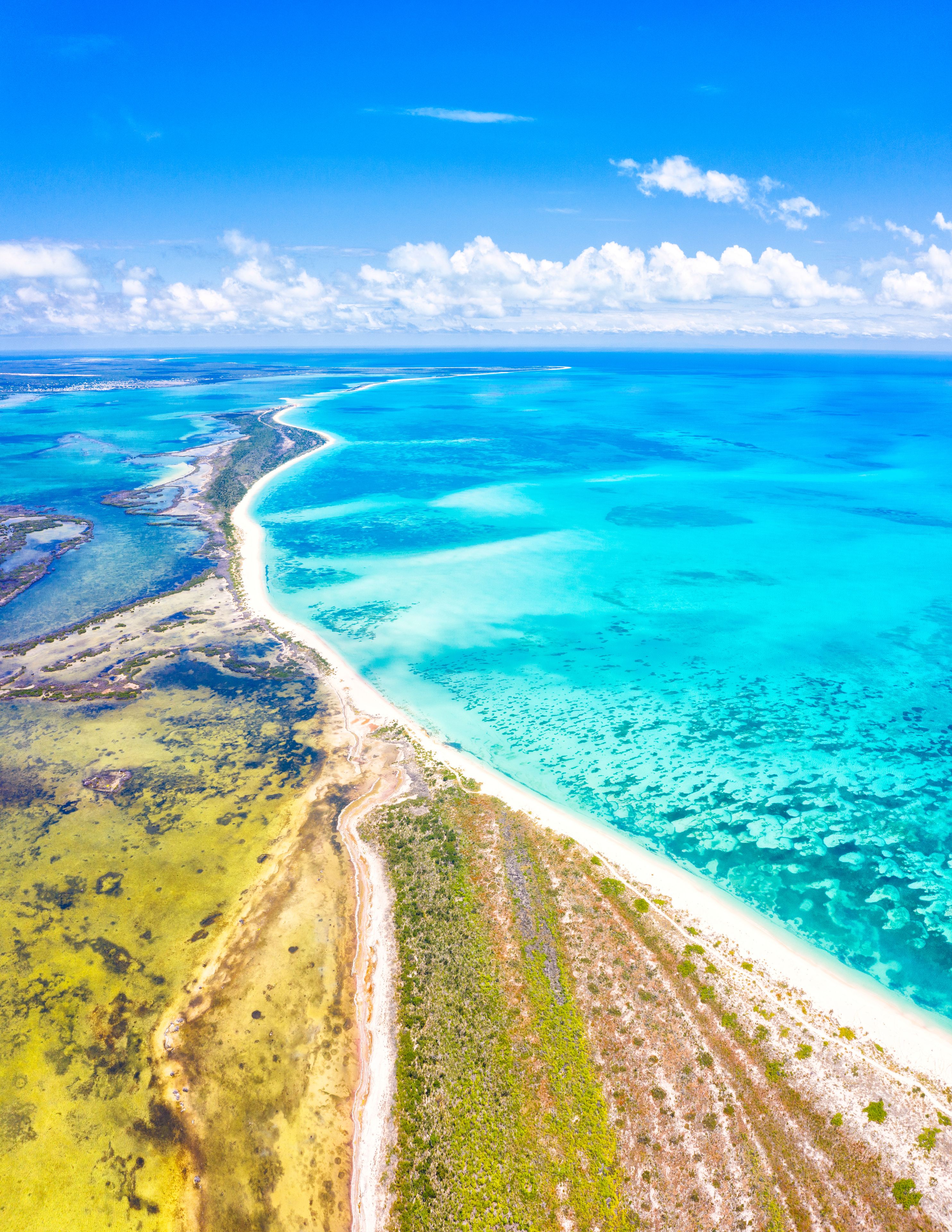 Vista aérea de un paisaje costero con una playa de arena blanca, aguas turquesas cristalinas y una zona verde exuberante con vegetación.