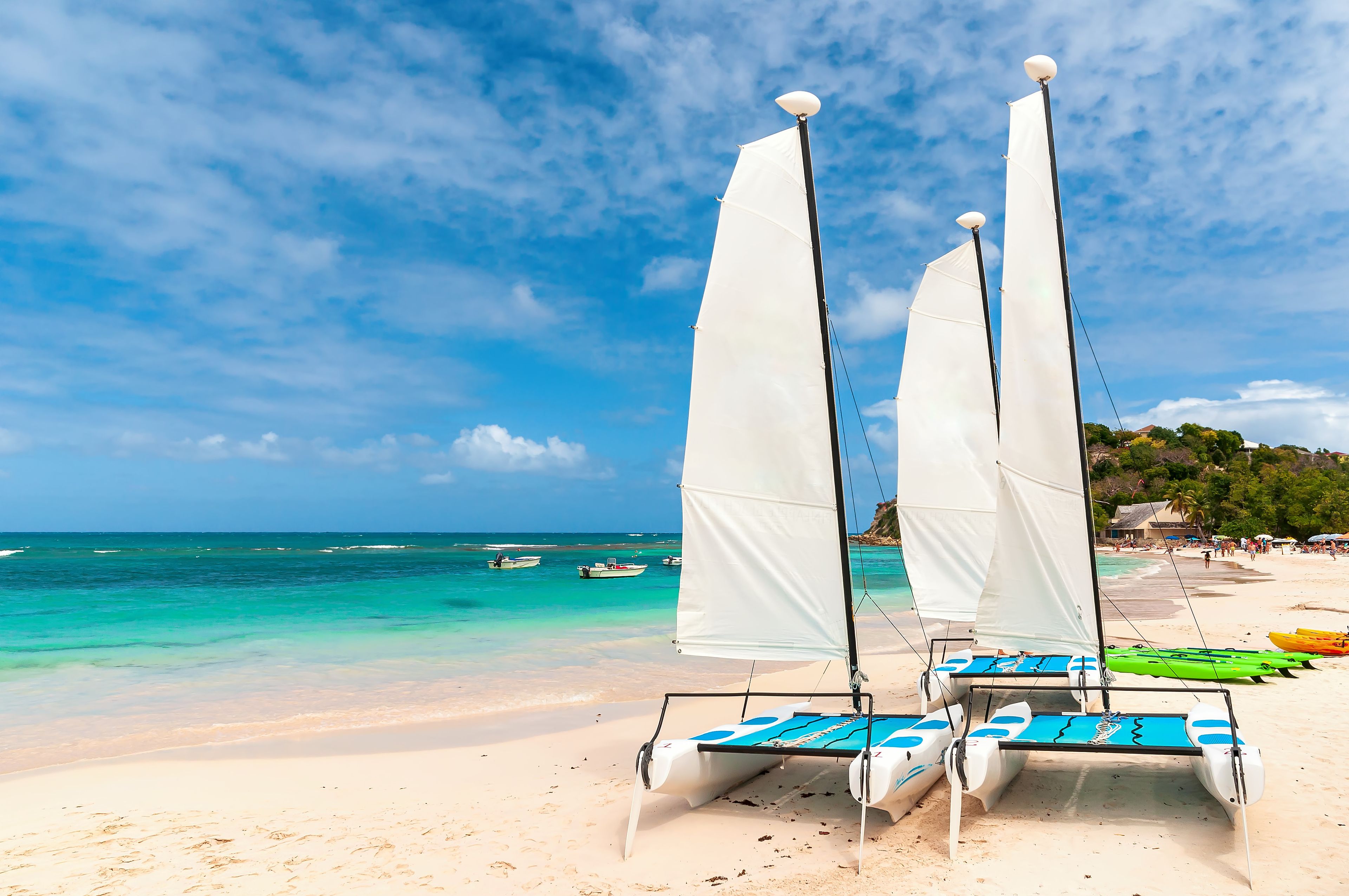 Una playa con veleros y kayaks.