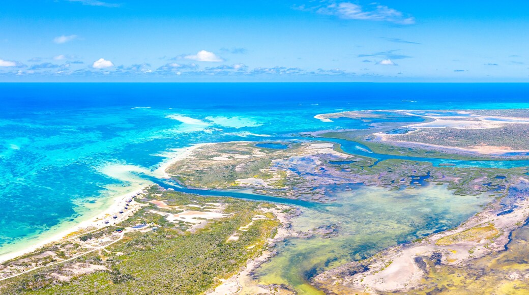 Un paisaje costero con aguas azules cristalinas, playas de arena y una red de canales.
