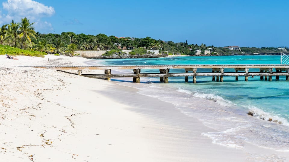 A beach with a wooden pier extending into turquoise waters, surrounded by lush greenery and a clear sky.