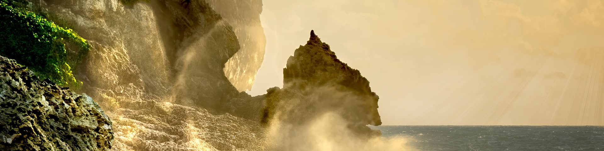 A coastal landscape with cliffs, waves crashing against the shore, and a clear sky.