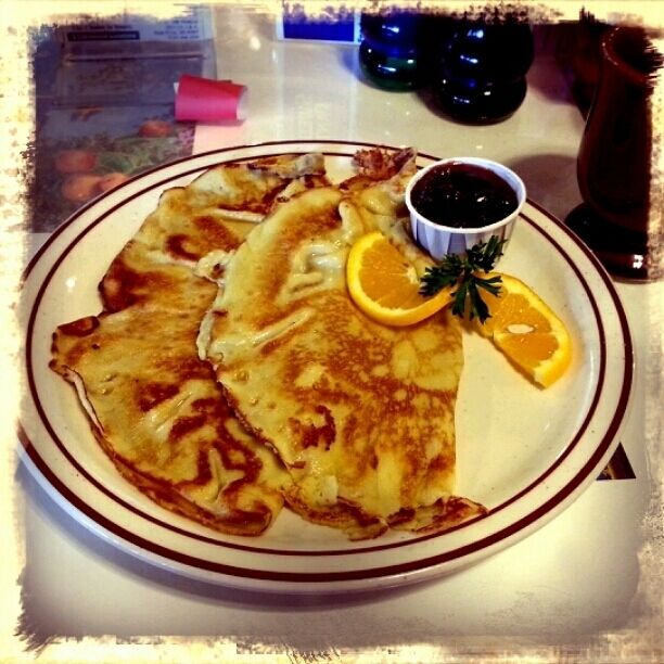 Having some wonderful Swedish pancakes at the Swedish Pantry restaurant in Escanaba,  Michigan.  My mom and I used to go there, so it brought back warm,  tasty memories of spending time with the dearest mom in the world.  try them with lingonberries!