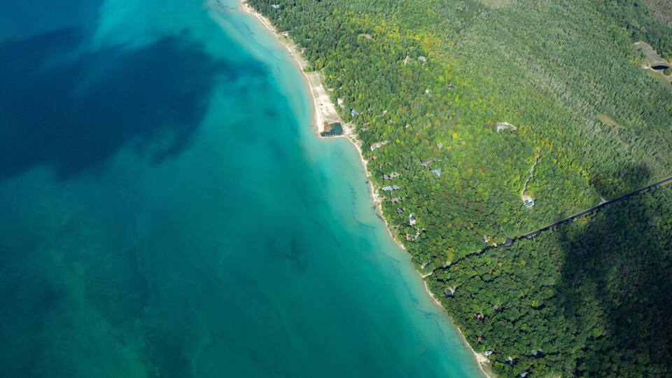 A coastal area with a beach, dense forest, and a road.