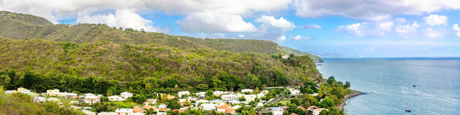 Le Carbet town panorama in Martinique, France. Le Carbet is a village and a commune in the French overseas department and island of Martinique.