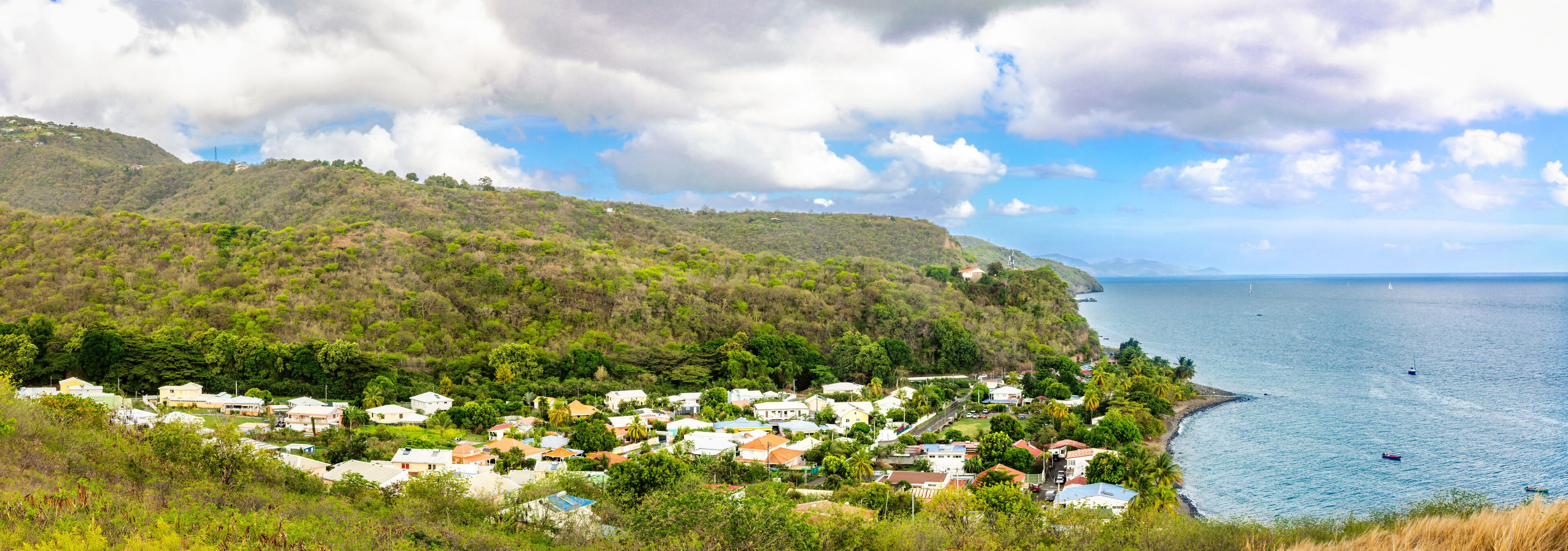 A coastal village with houses nestled on a hillside, overlooking the sea.