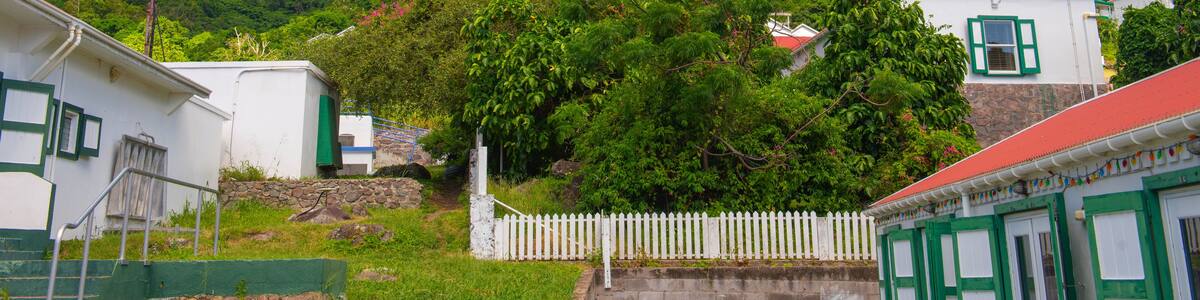 A lush green mountain with a white picket fence and buildings with red roofs.