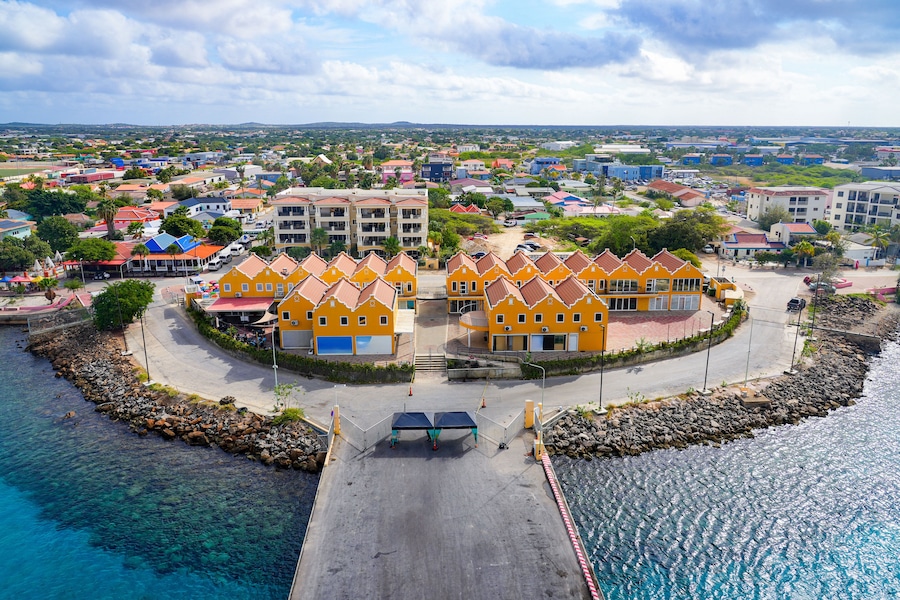 A coastal town with colorful buildings, a clear blue sea, and a rocky shoreline.