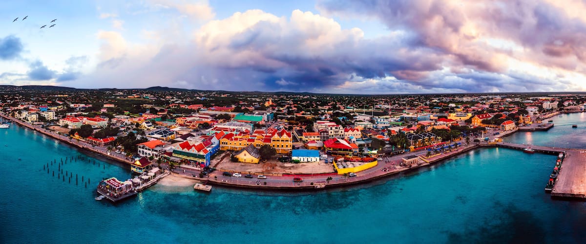 A coastal town with colorful buildings, a marina with sailboats, and a large body of water.