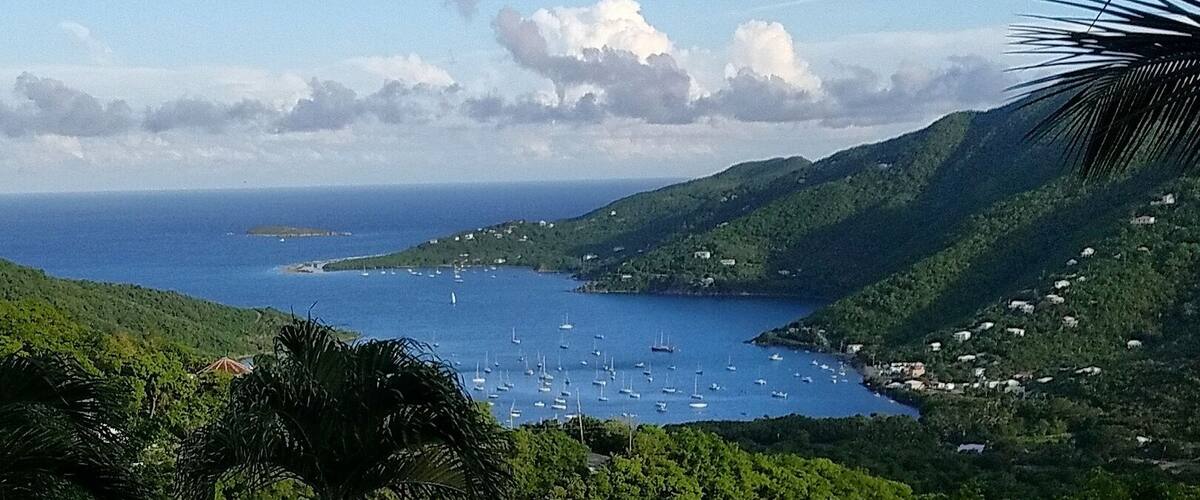 A pool overlooking a bay with boats and a hilly landscape.
