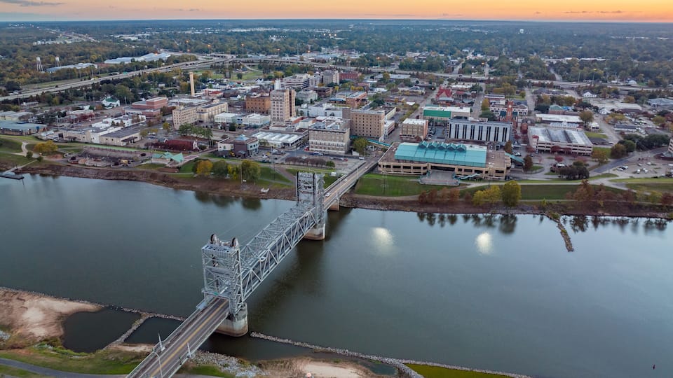 A cityscape with a bridge over a river, surrounded by buildings and greenery.