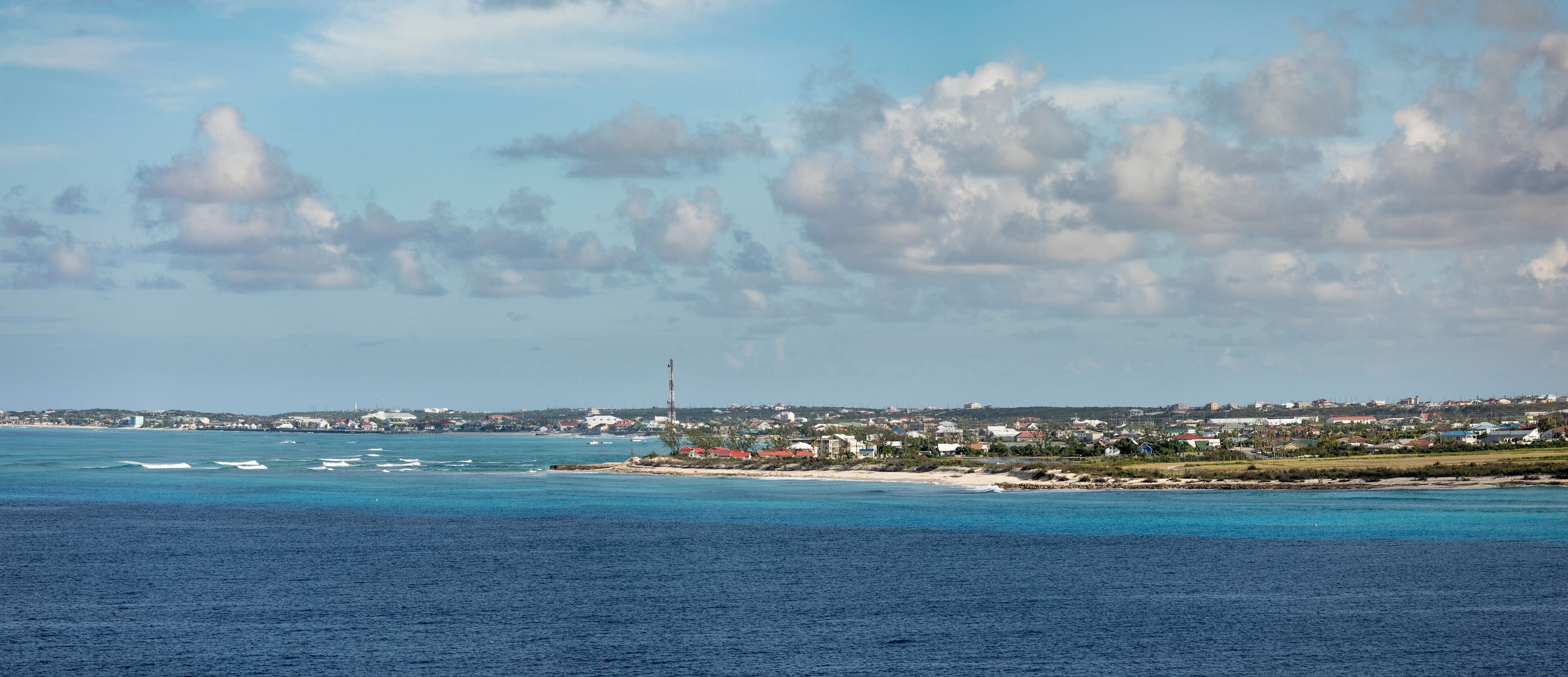 Panoramic view of Cockburn Town, Grand Turk, from the sea.