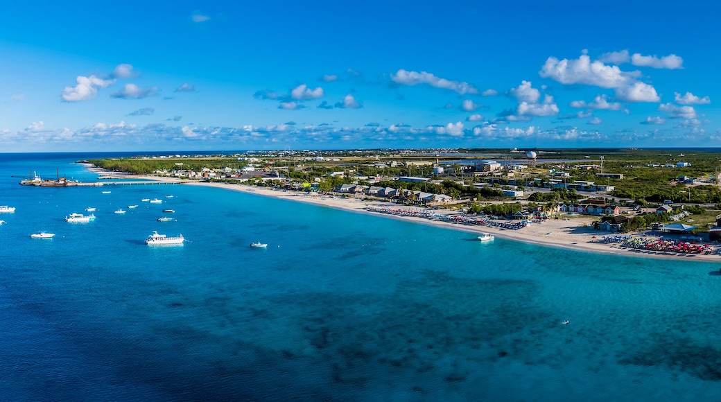 An aerial panorama view over the island of Grand Turk on a bright sunny morning