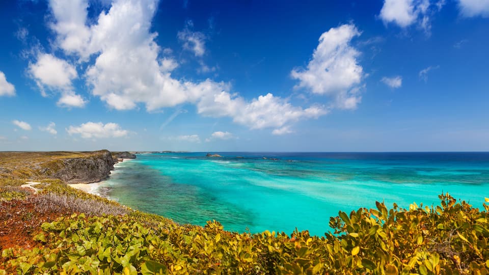 A coastal landscape with turquoise waters, a sandy beach, and green vegetation.