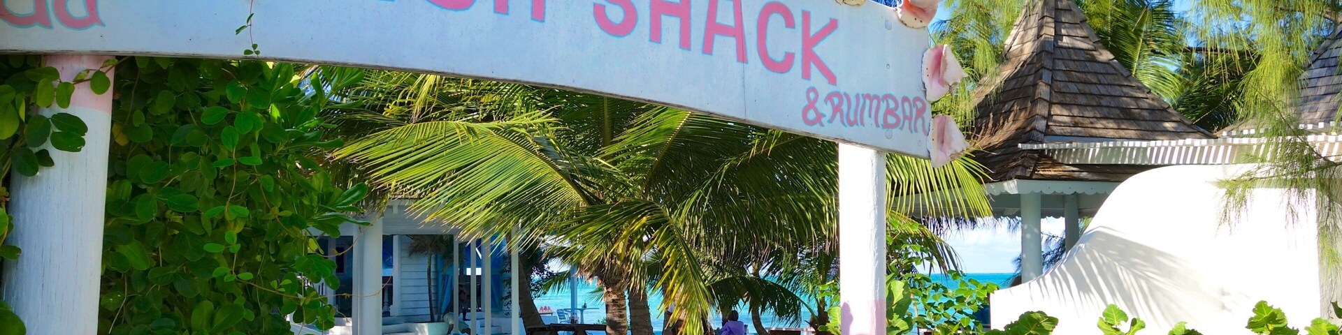 Una cabaña frente al mar con un letrero que dice "CONCH SHACK & RUMBAR", rodeada de exuberante vegetación y palmeras.