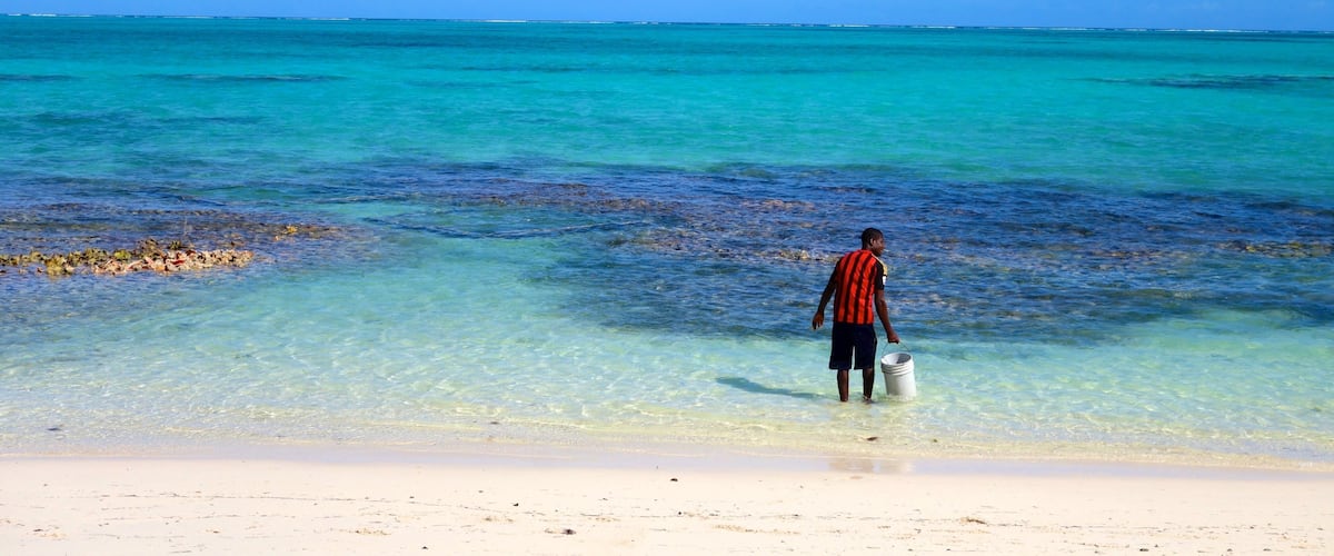 A beach with clear turquoise water and a person standing in shallow water holding a bucket.