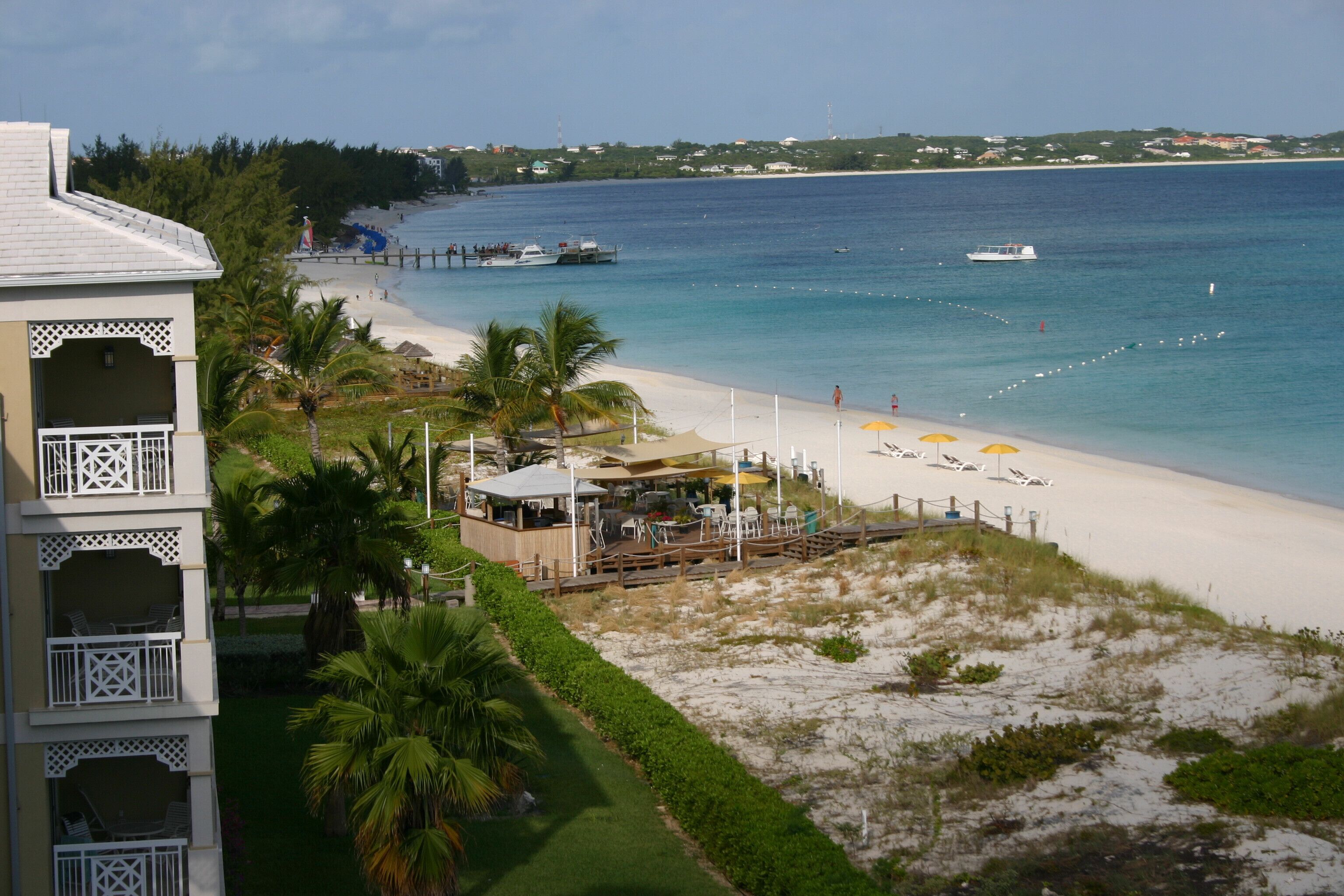 A beach with white sand, palm trees, and a wooden pier.