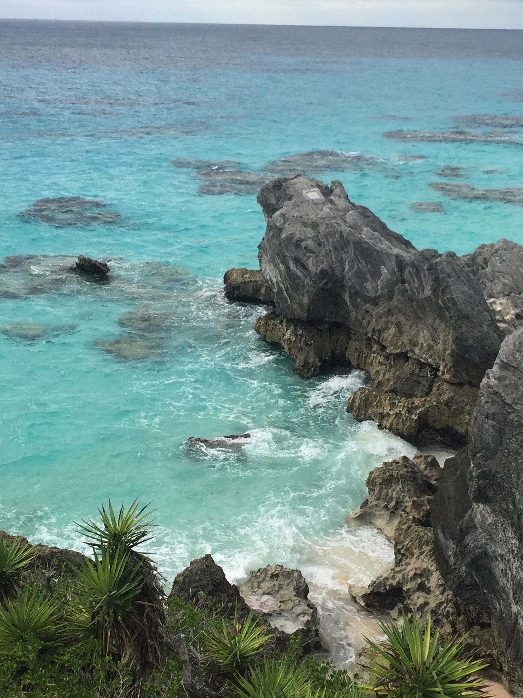 Looking down to the waves crashing on the rock formations from a cliff in Bermuda. #InStone