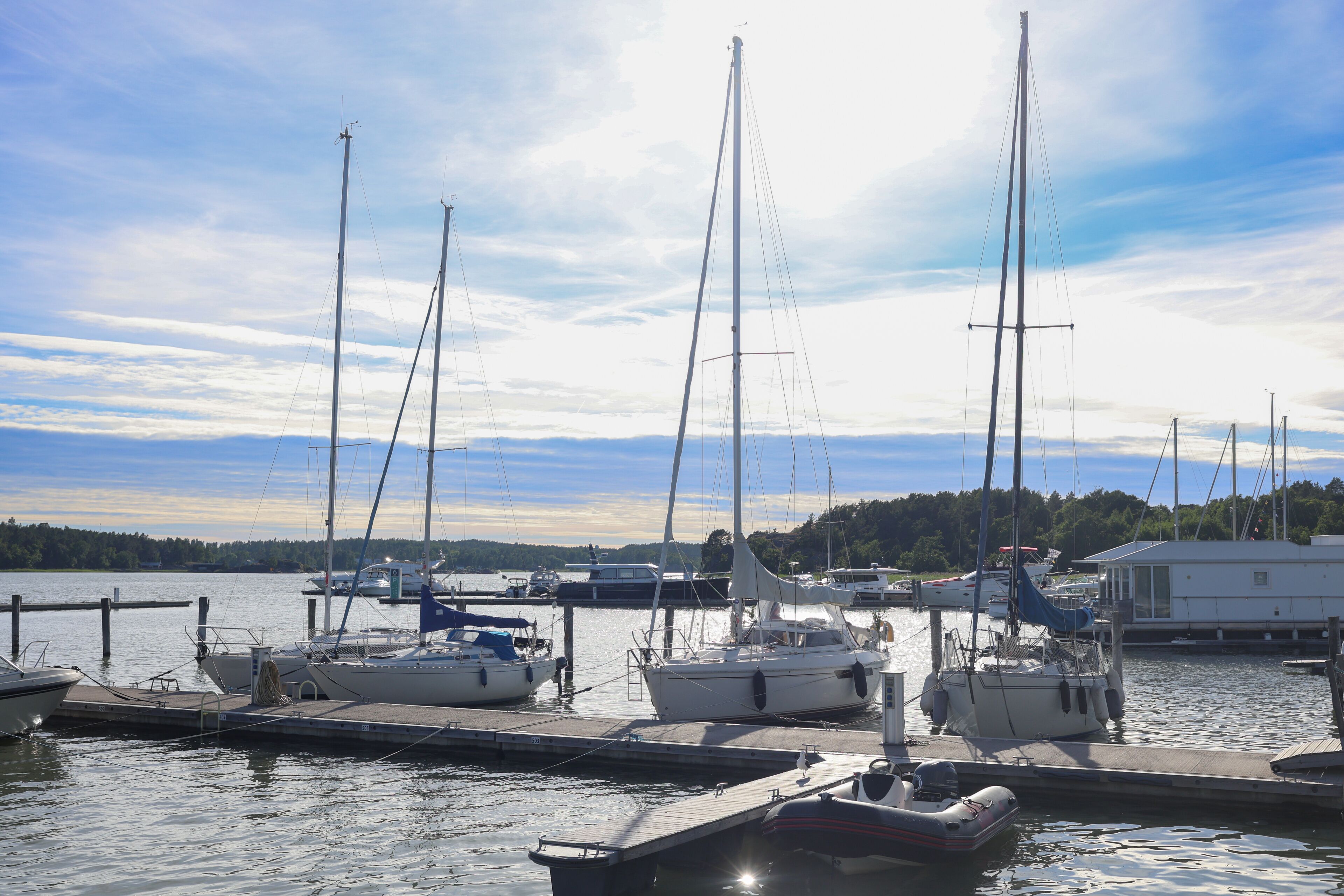 A multitude of huge yachts in the port; nature in the background; the glossy hull of a motorboat and megayachts moored in the marina are visible; sunlight glints off the shiny hull.