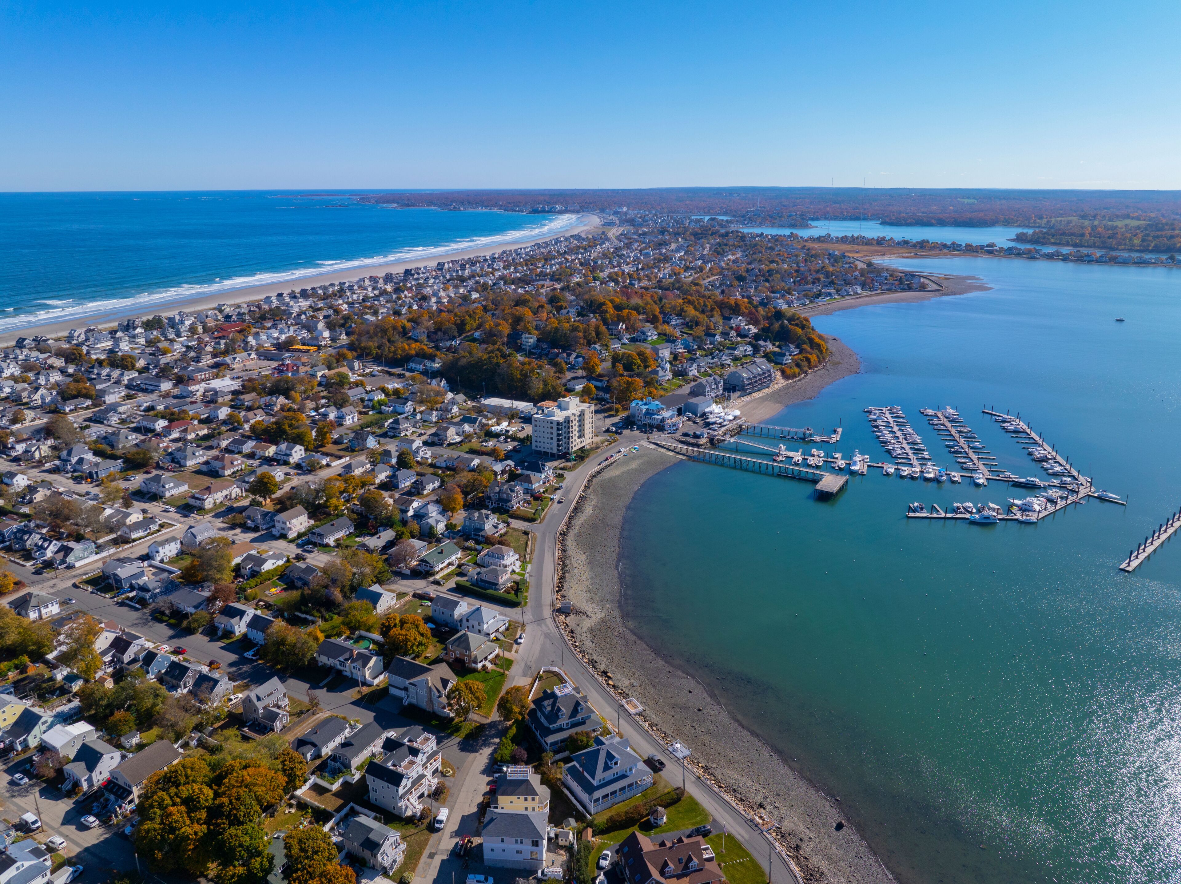 Yachts Marina at Safe Harbor Sunset Bay aerial view in Hull Bay in Allerton Village, Town of Hull, Massachusetts MA, USA. 