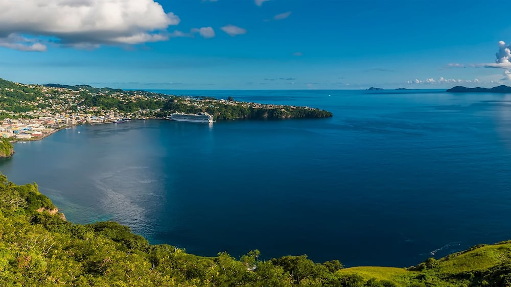 A panorama view of Kingstown bay and the island of Bequia from Fort Charlotte, Kingstown. Saint Vincent