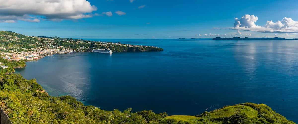 A coastal town with a large body of water, a cruise ship, and a small island.