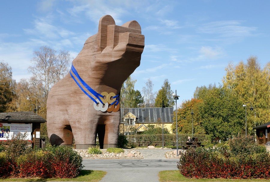 Sveg, Sweden - September 25, 2014: A wooden 13 m high bear sculpture located near the city center.
