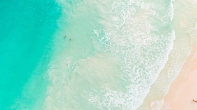 Un océano turquesa con olas rompiendo sobre una playa arenosa.