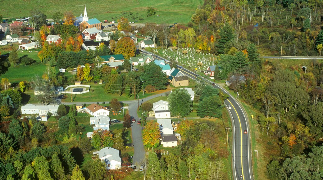 Aerial view of Hyde Park, VT on Scenic Route 100 in Autumn