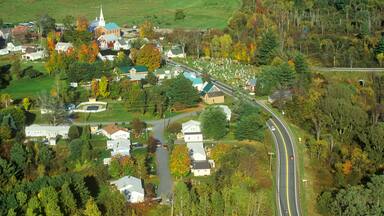 Aerial view of Hyde Park, VT on Scenic Route 100 in Autumn