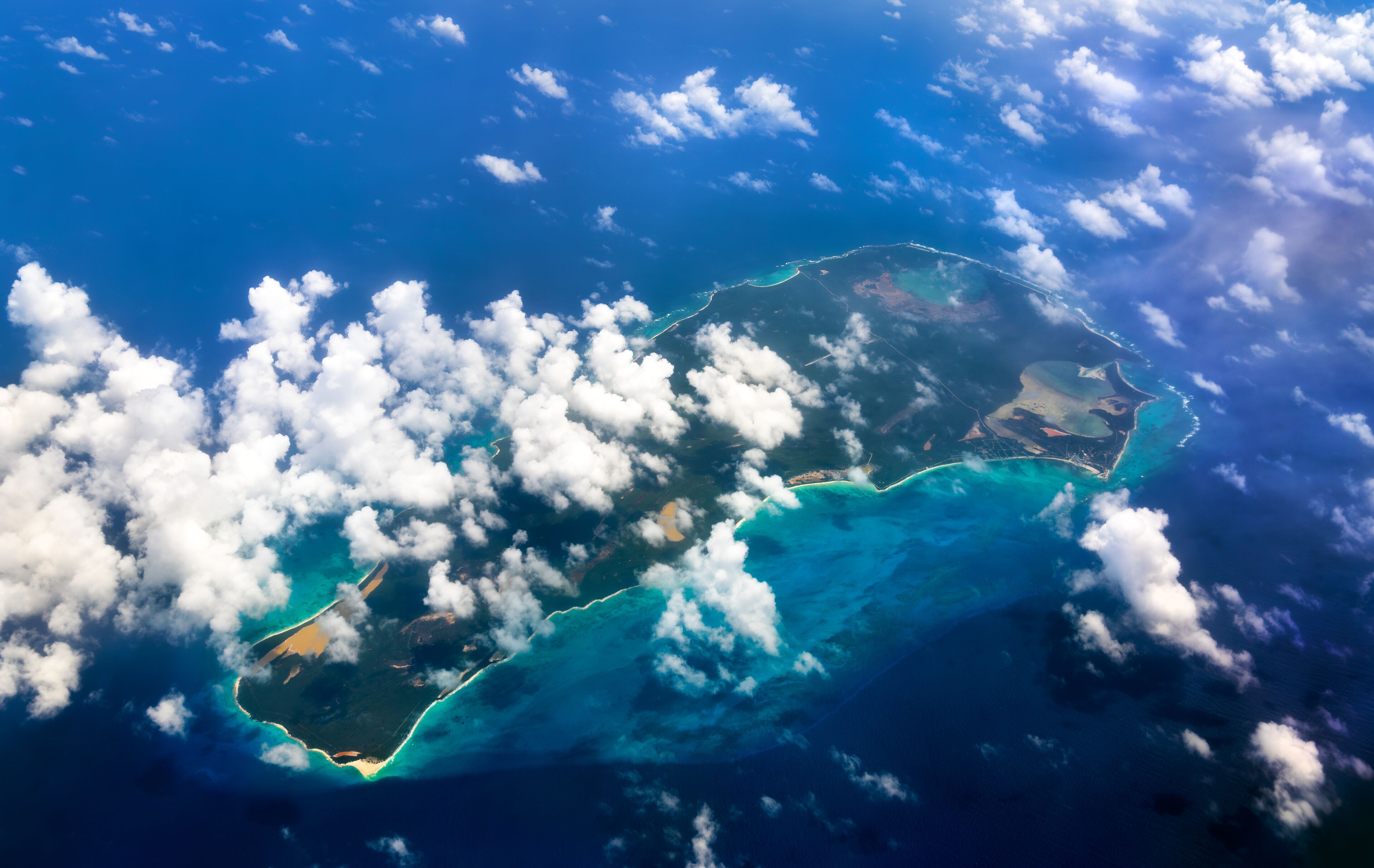 Aerial view of Rum Cay Island in the Caribbean Sea, the Bahamas