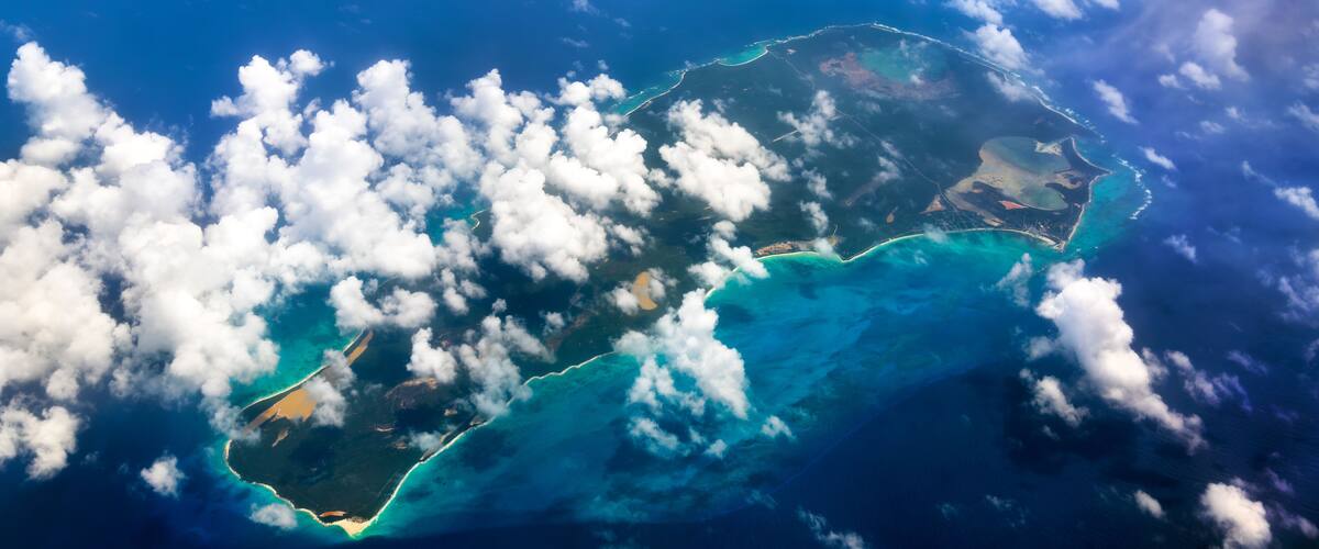 Aerial view of Rum Cay Island in the Caribbean Sea, the Bahamas