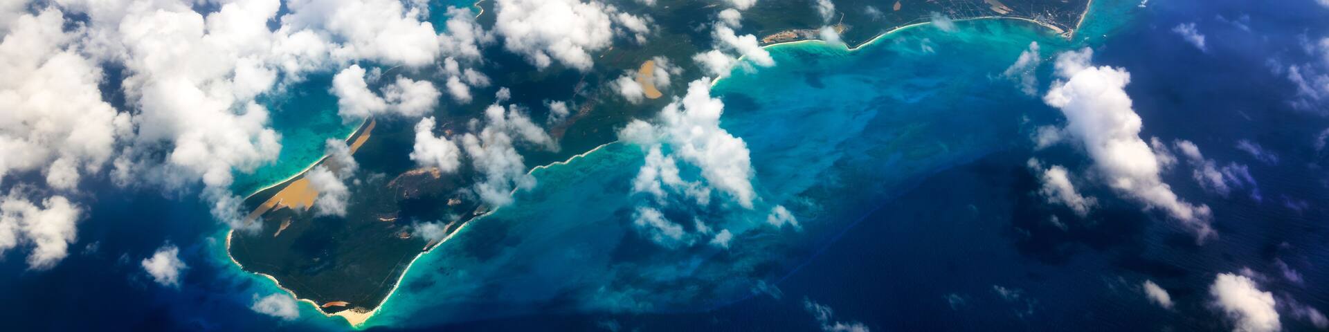 Aerial view of Rum Cay Island in the Caribbean Sea, the Bahamas