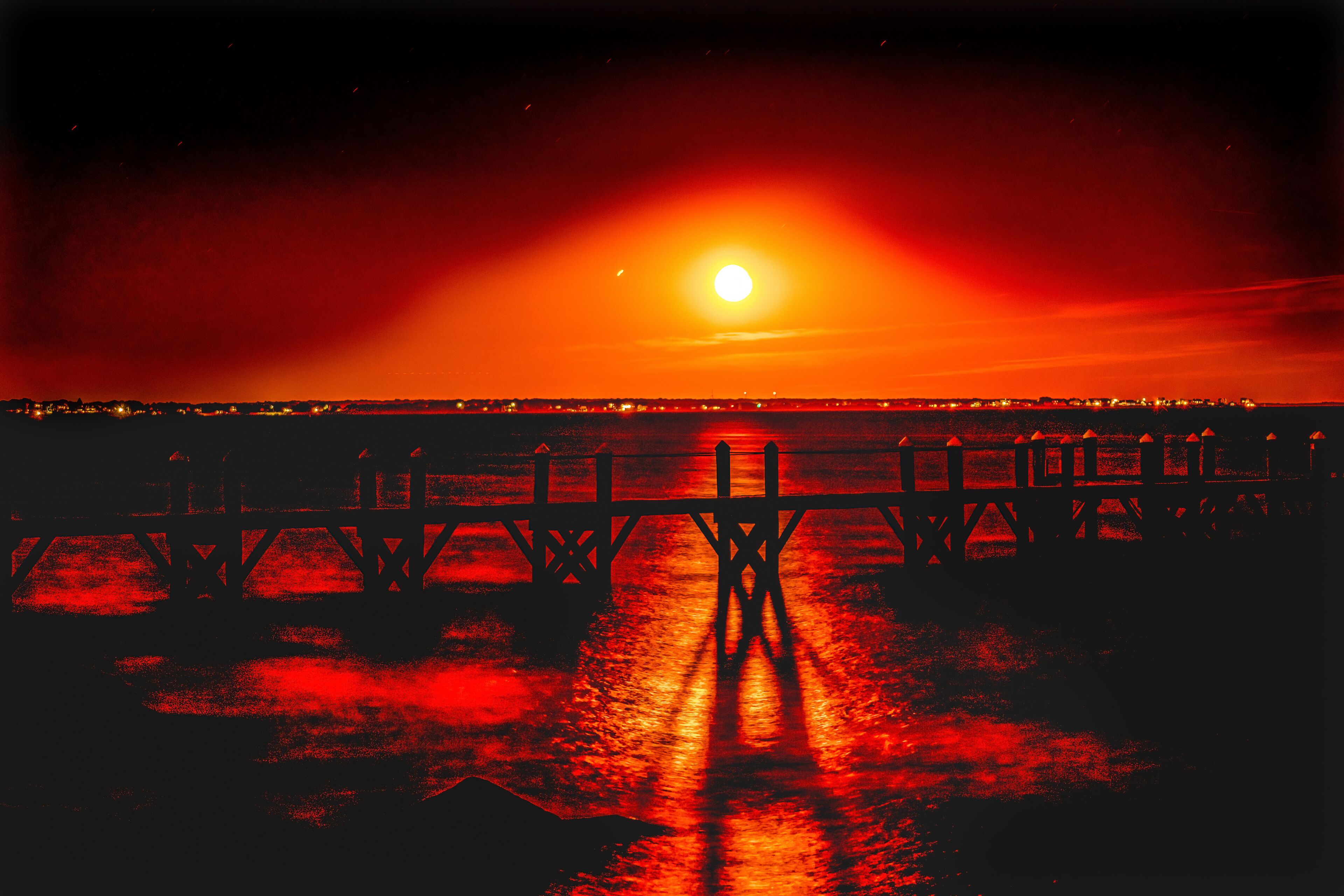 Colorful Red Moon Night Pier Padanaram Dartmouth Massachusetts