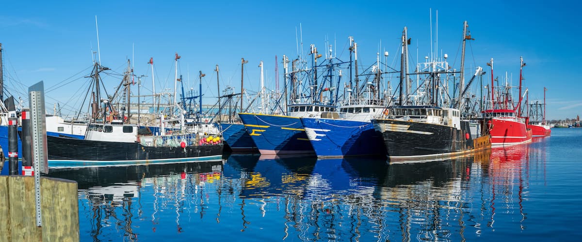 A marina with several fishing boats docked, including a prominent red and white vessel.