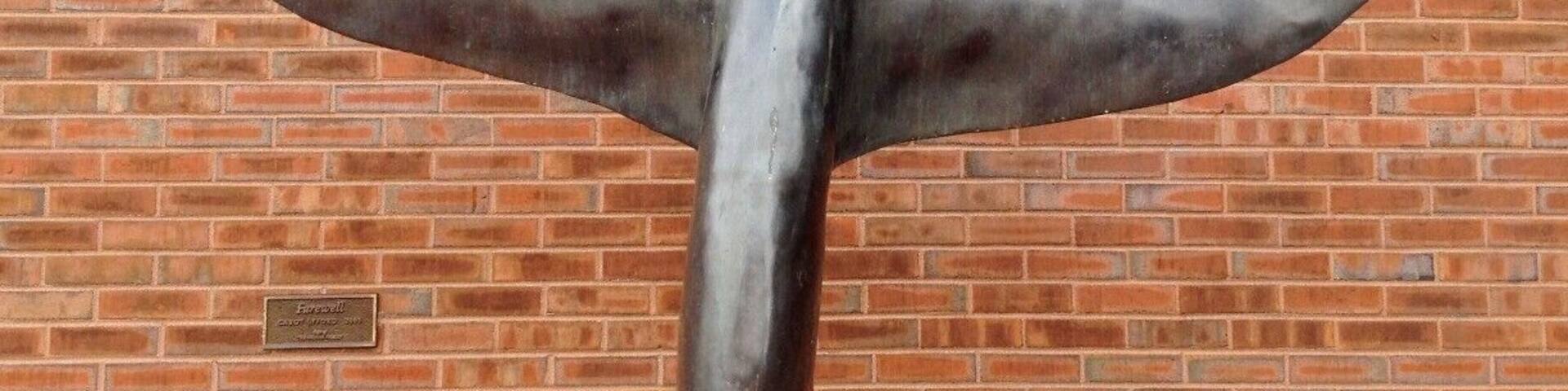 A whale tail sculpture mounted on a brick wall.