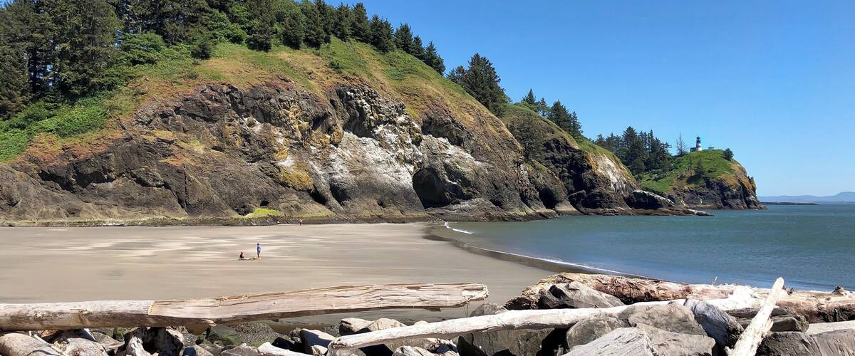 A coastal landscape with a rocky cliff, a lighthouse, and driftwood along the shore.