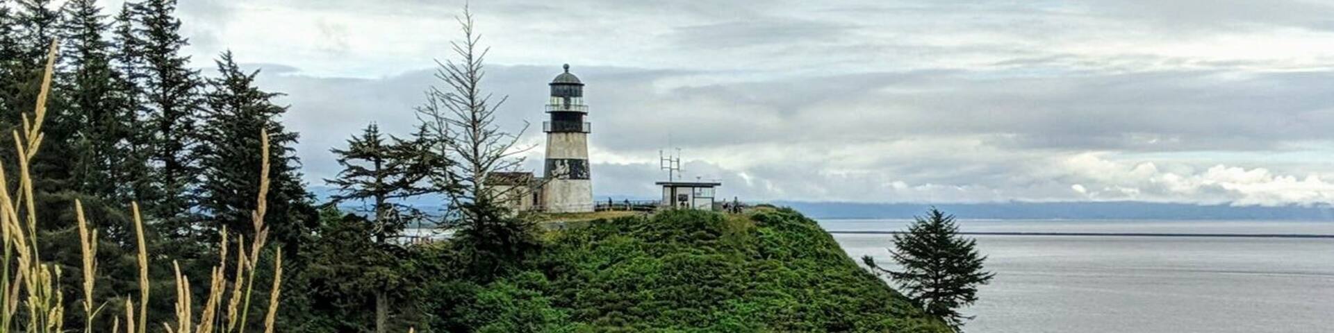 A lighthouse on a rocky cliff with dense greenery and a view of the ocean.