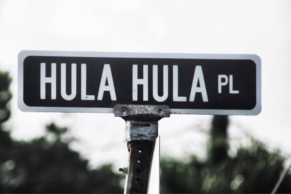 Et vejskilt med teksten 'HULA HULA PL'.