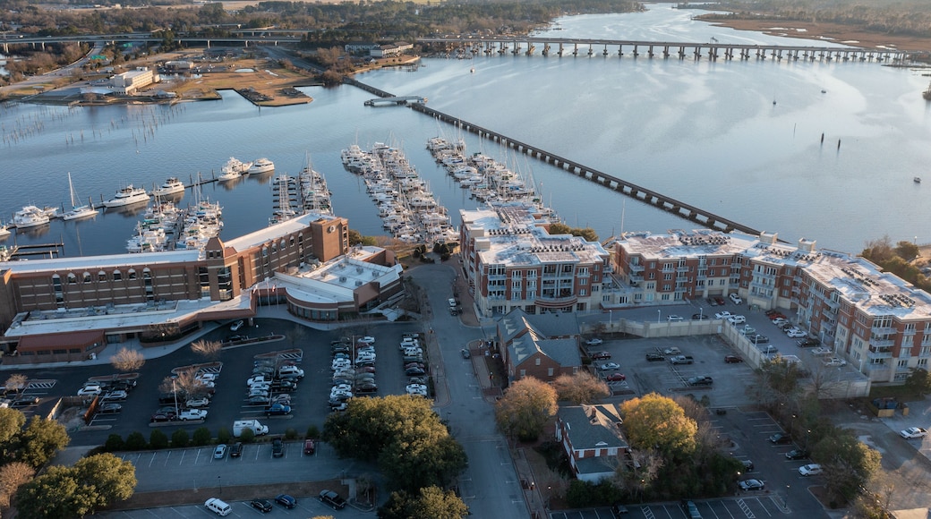 Aerial View of Hotels and a Marina on the Trent River in New Bern North Carolina