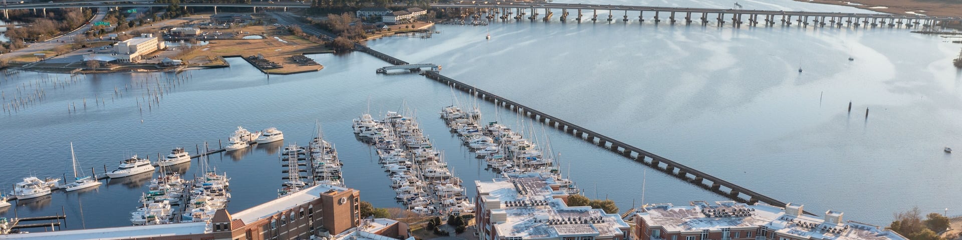 Aerial View of Hotels and a Marina on the Trent River in New Bern North Carolina