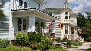 Residential street in New Bern North Carolina, they are flying the United States and New Bern Flags on the houses