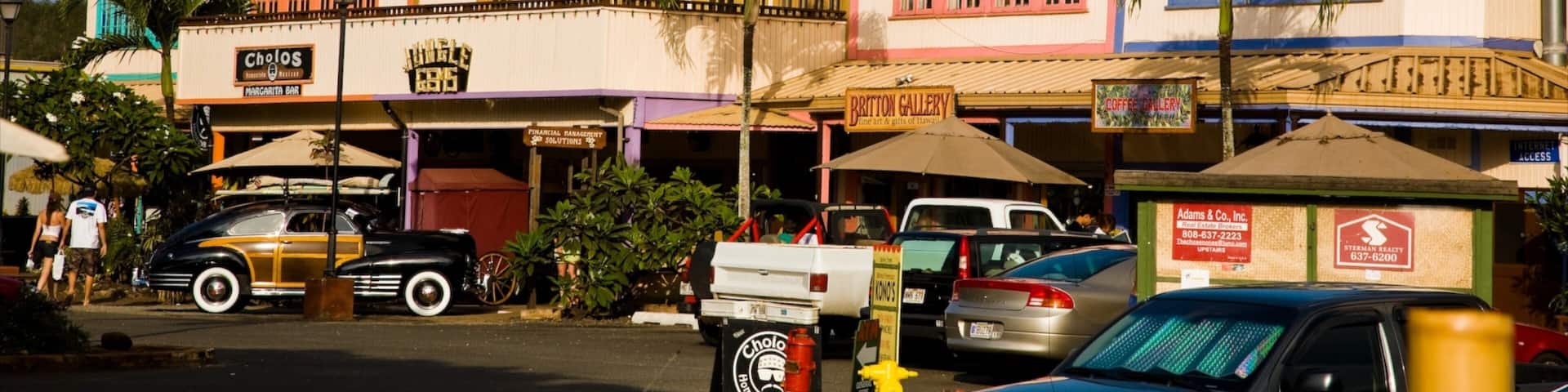 A vintage-themed street with buildings, palm trees, and classic cars.