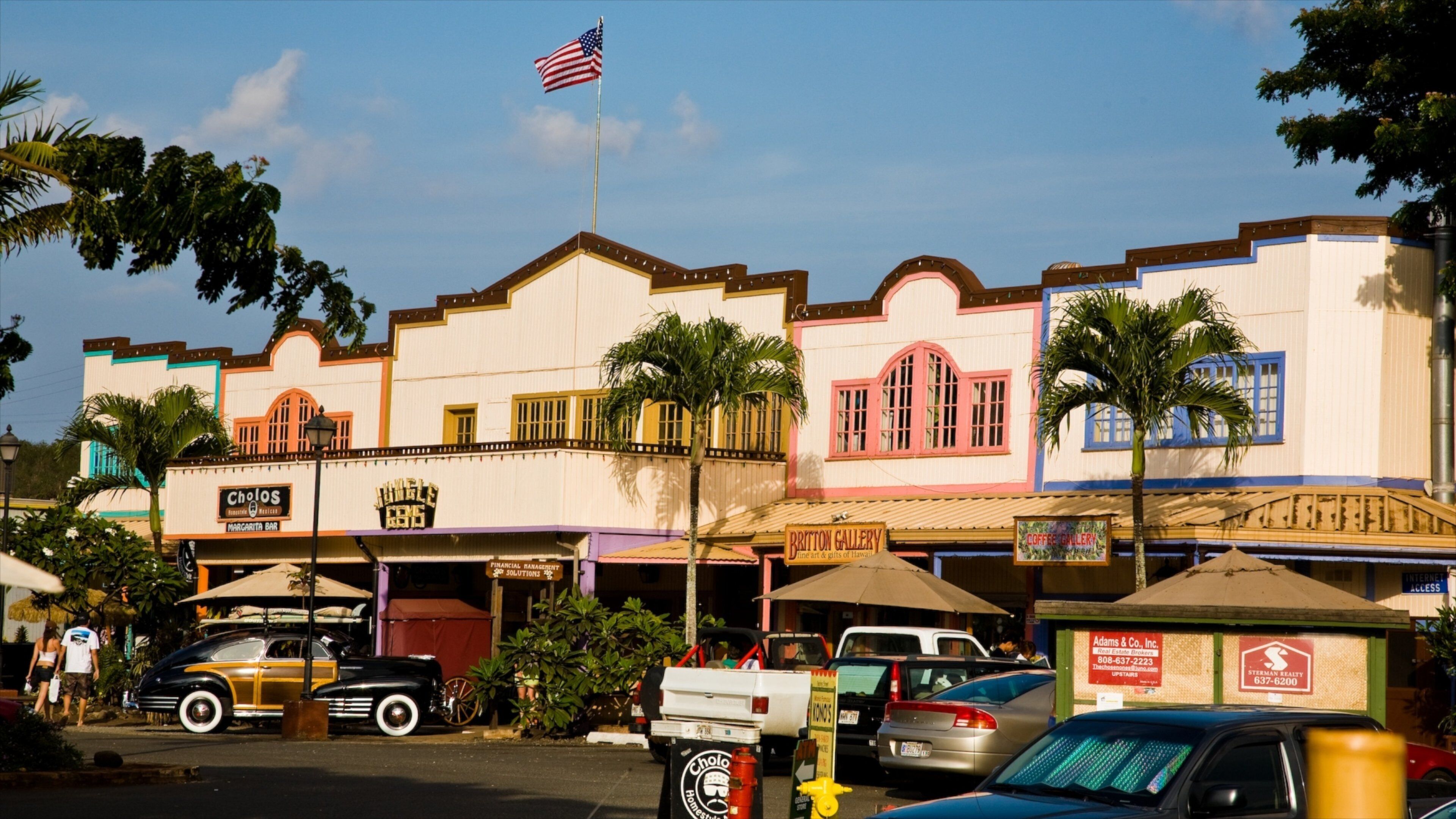 A vintage-themed street with buildings, palm trees, and classic cars.