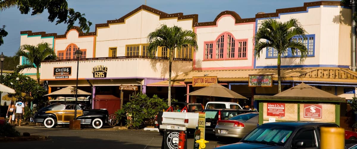 A vintage-themed street with buildings, palm trees, and classic cars.