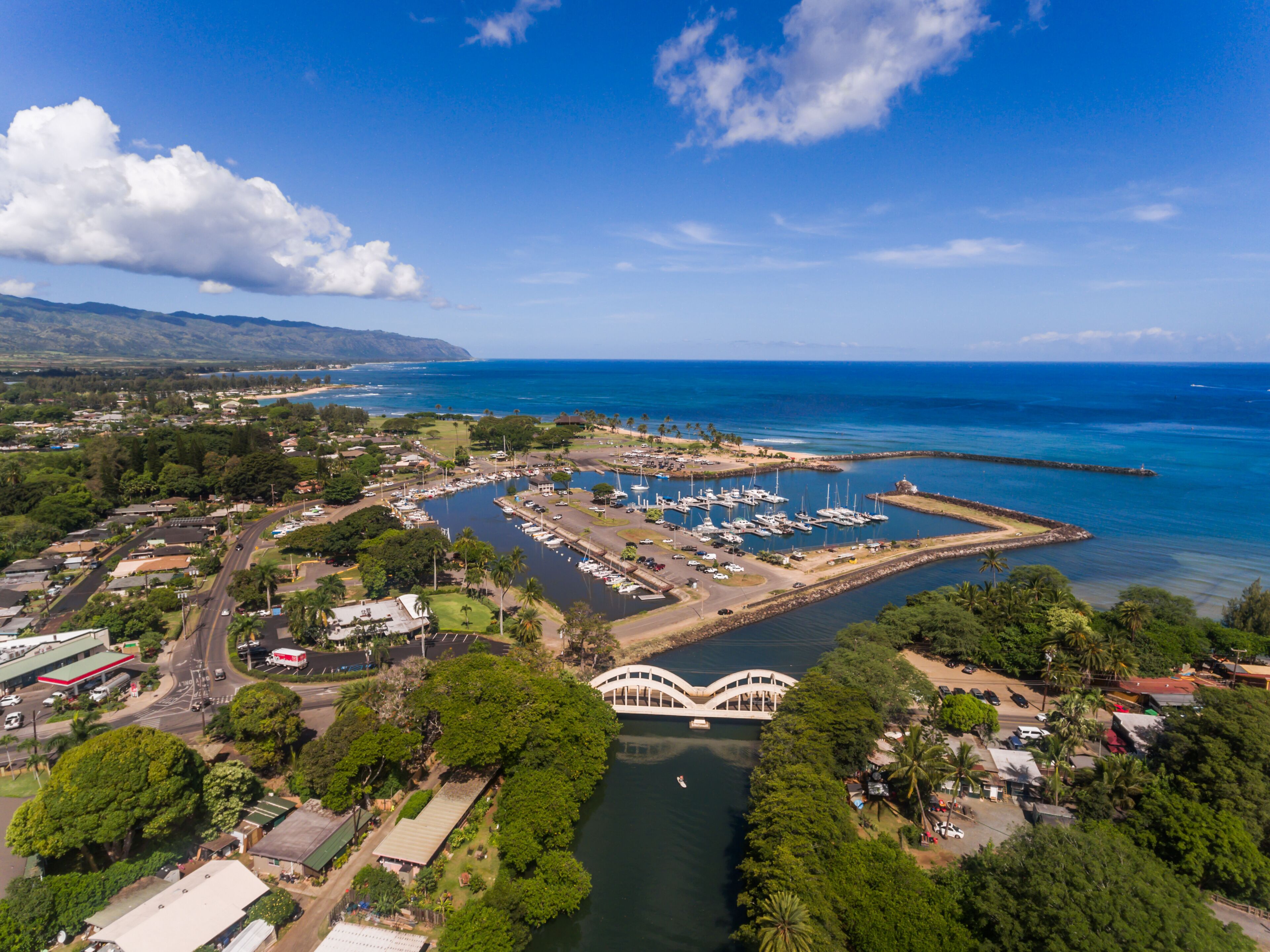 An aerial view of a coastal marina with boats, a bridge, and surrounding greenery.
