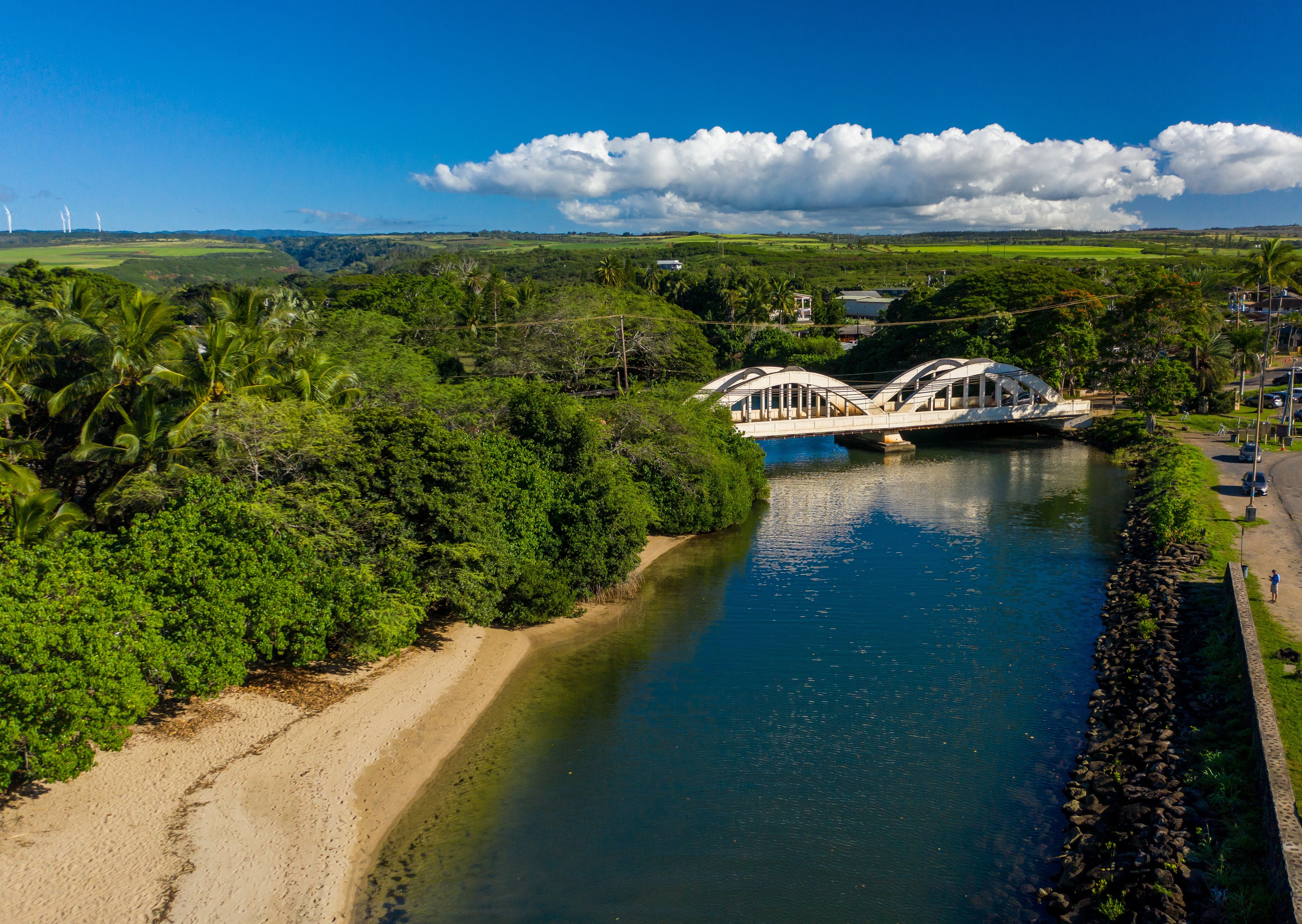 A river with a bridge, lush greenery, and a clear blue sky.